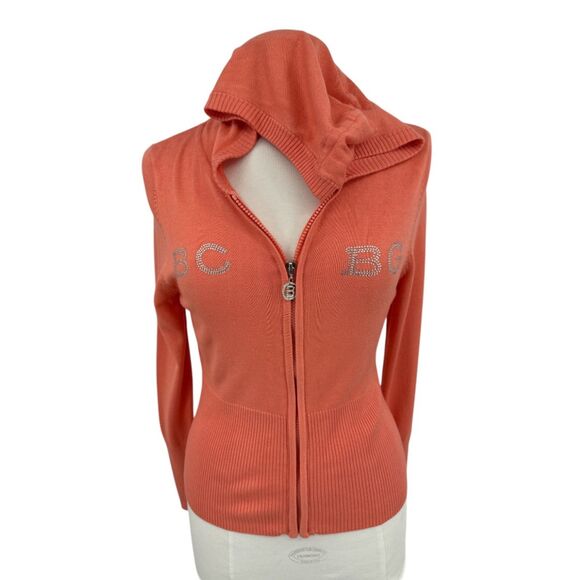 BCBG Hooded Cardigan Sweater Size Large Coral gem logo hooded zip up womens - Picture 2 of 10